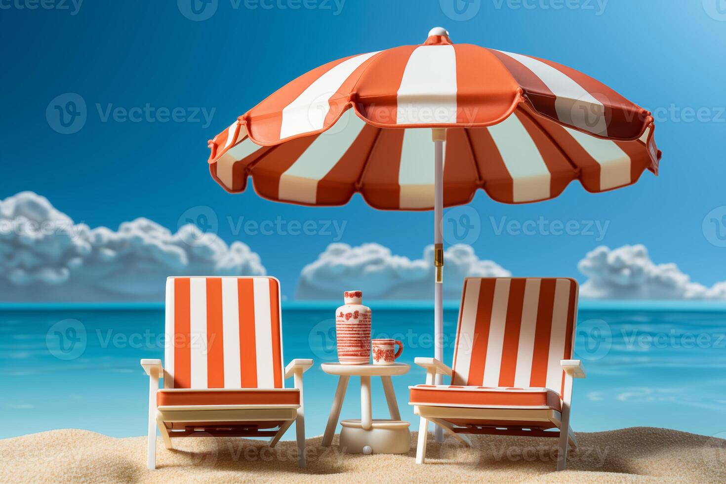 ai generiert Strand Deck Stühle und Regenschirm einstellen auf Licht Hintergrund foto