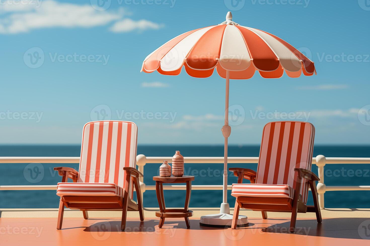 ai generiert Strand Deck Stühle und Regenschirm einstellen auf Licht Hintergrund foto