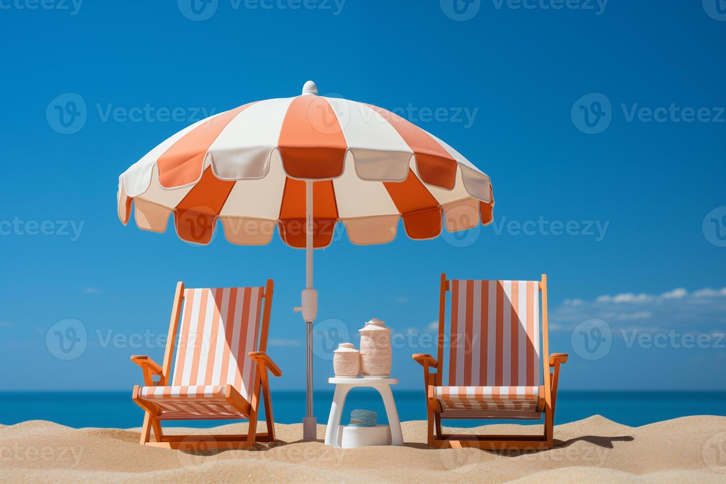 ai generiert Strand Deck Stühle und Regenschirm einstellen auf Licht Hintergrund foto