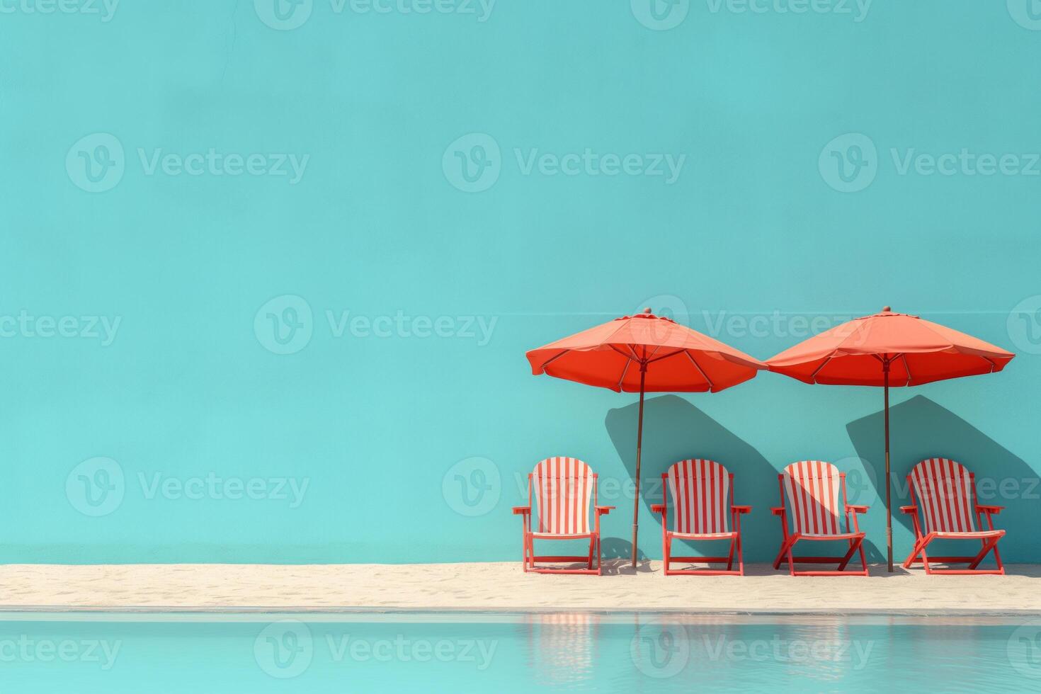 ai generiert Strand Deck Stühle und Regenschirm einstellen auf Licht Hintergrund foto