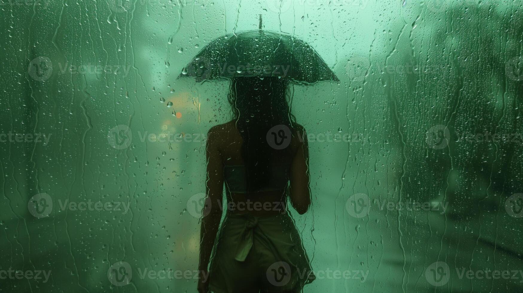 ai generiert Frau mit ihr zurück im schön Tropen im das regnerisch Wetter foto