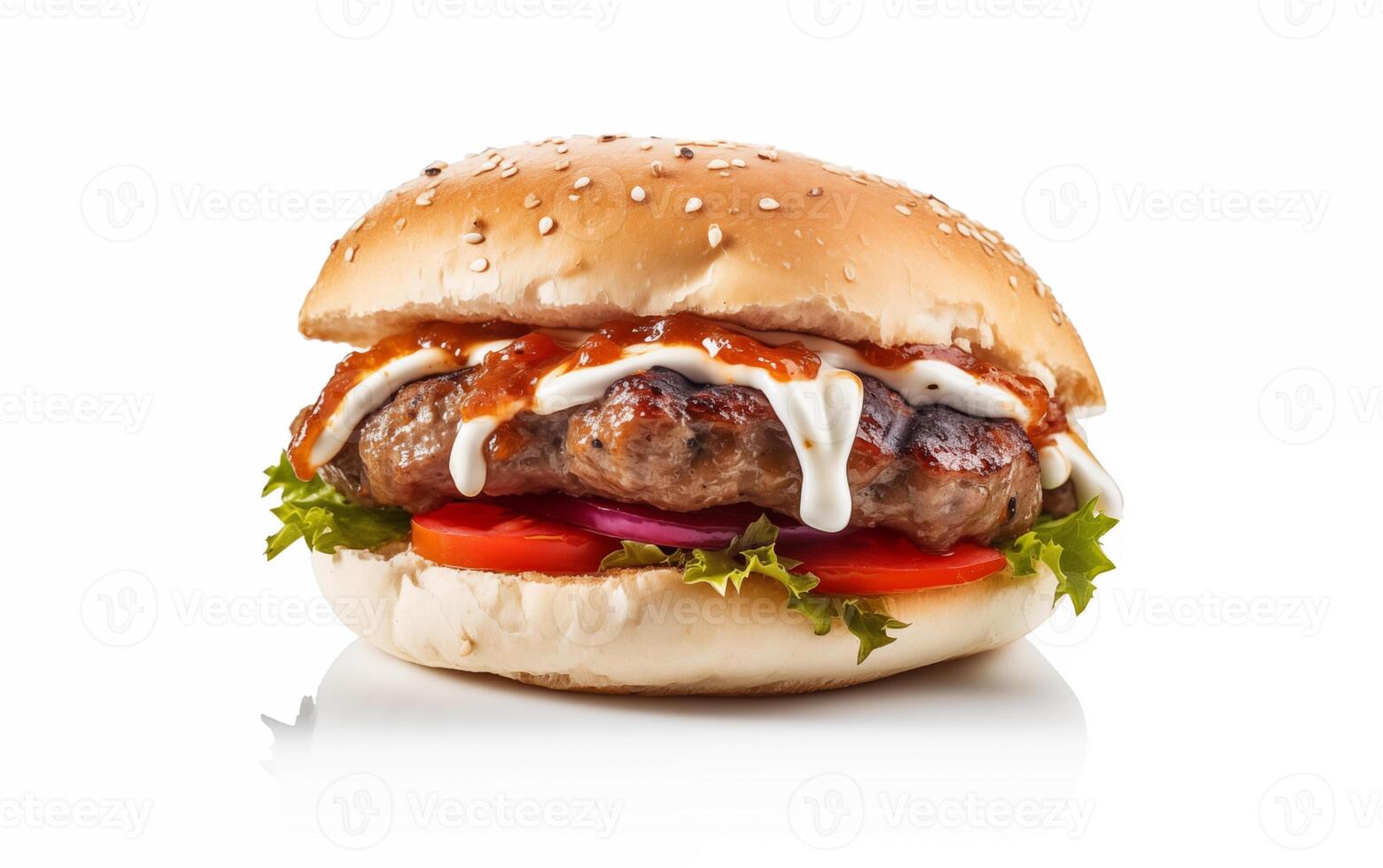 ai generiert appetitlich Burger auf ein Weiß isoliert Hintergrund foto