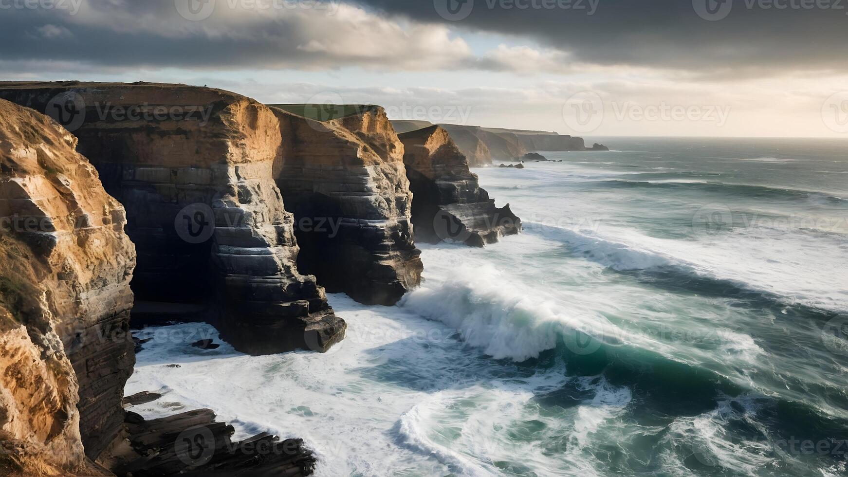 ai generiert Küsten Klippe mit dramatisch Wellen abstürzen gegen Felsen foto