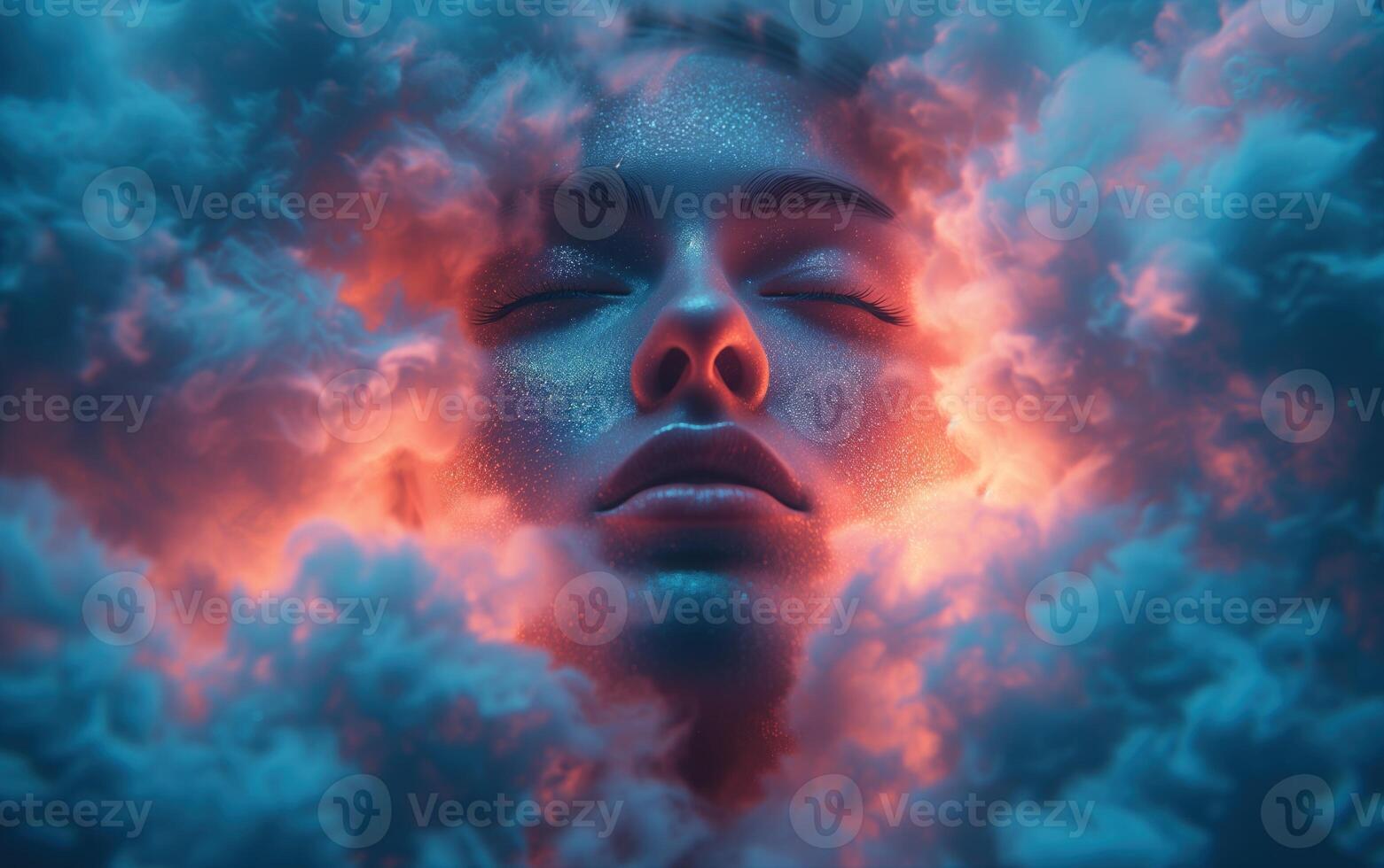 ai generiert Gesicht mit dunkel Himmelblau und Licht Magenta Wolken Umgebung seine Gesicht foto