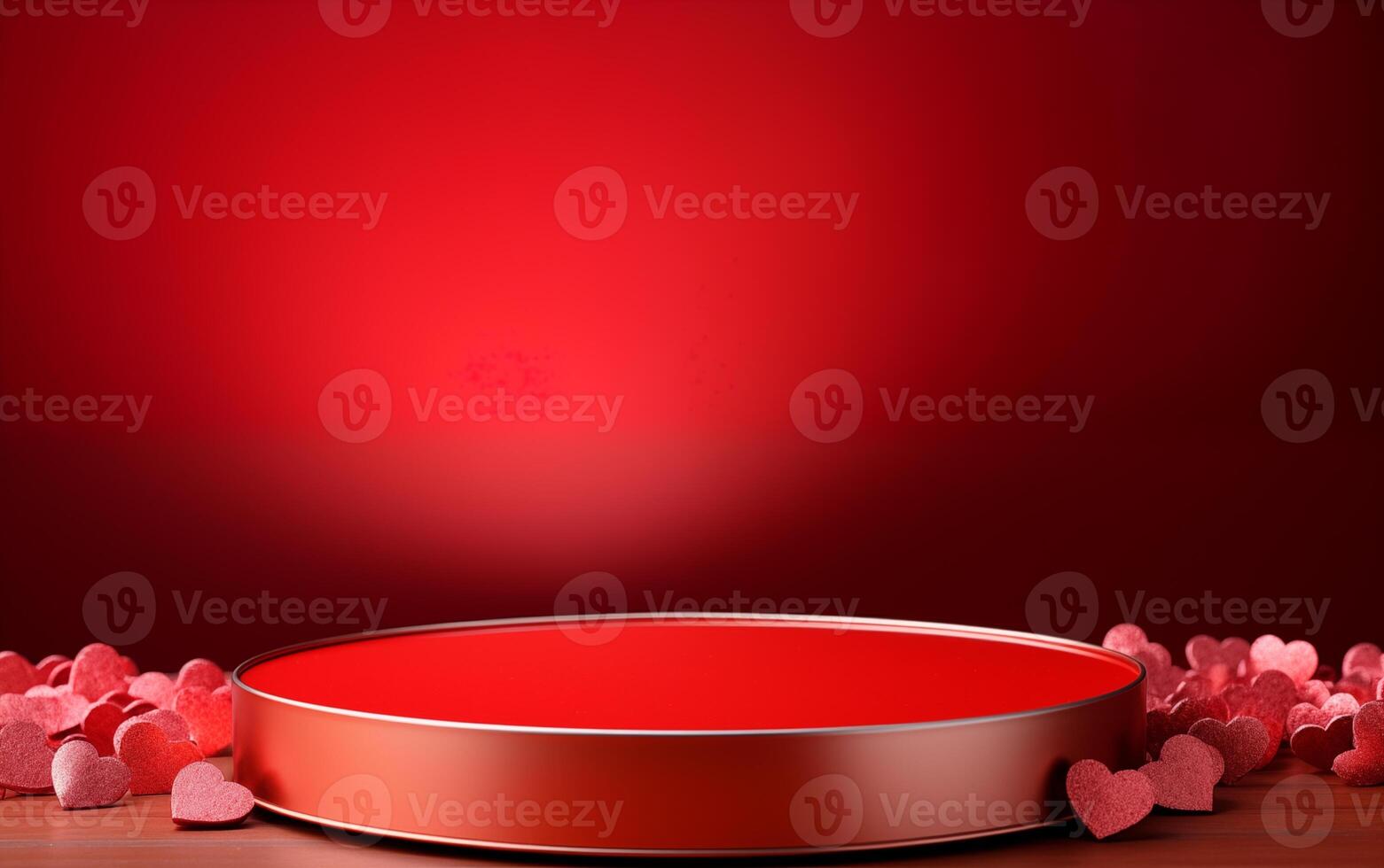 ai generiert leeren Holz Stein Podium Tabelle Valentinstag Tag rot Hintergrund mit Herzen foto