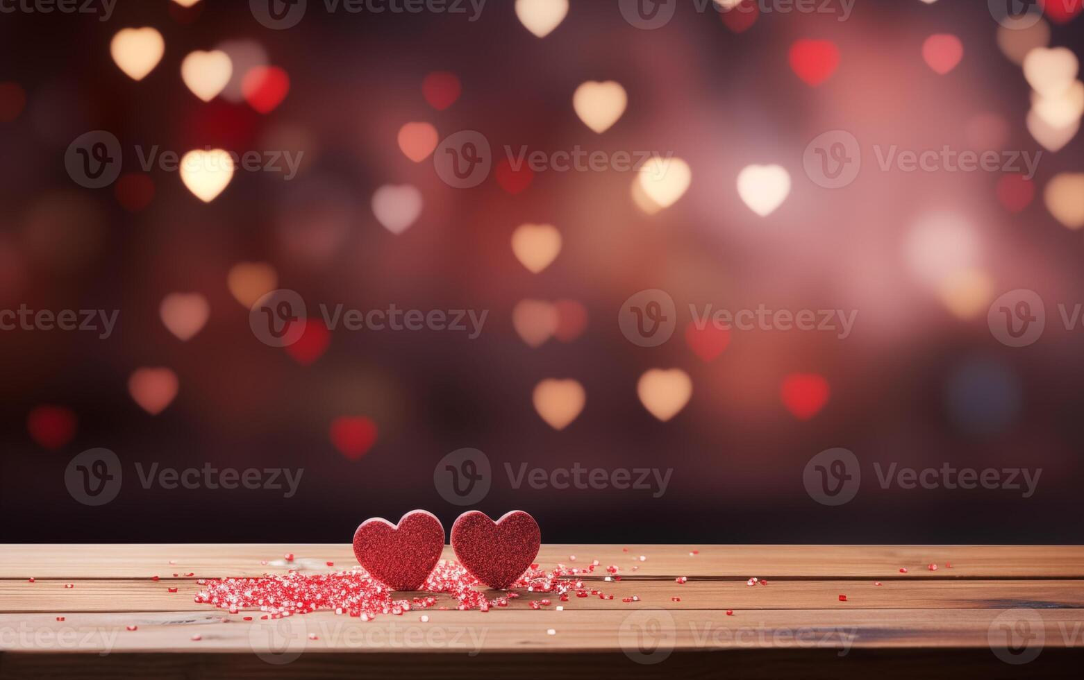 ai generiert leeren Holz Tabelle Valentinstag Tag rot Hintergrund mit Herzen foto