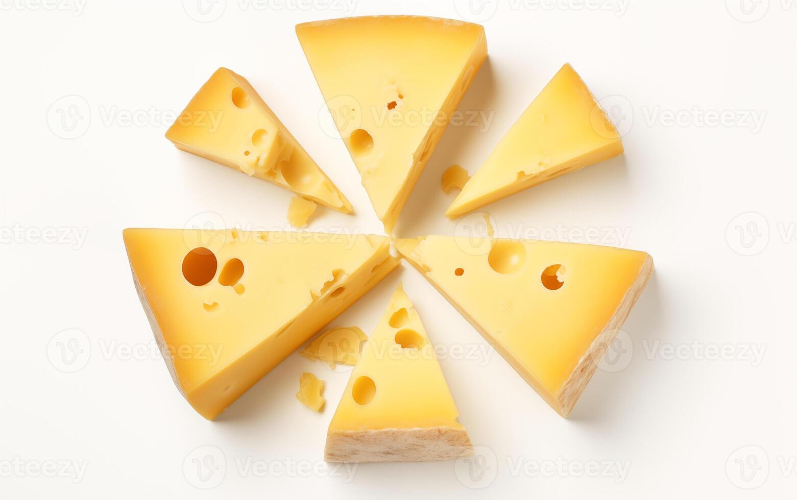 ai generiert lecker Käse Stücke isoliert auf Weiß Hintergrund foto