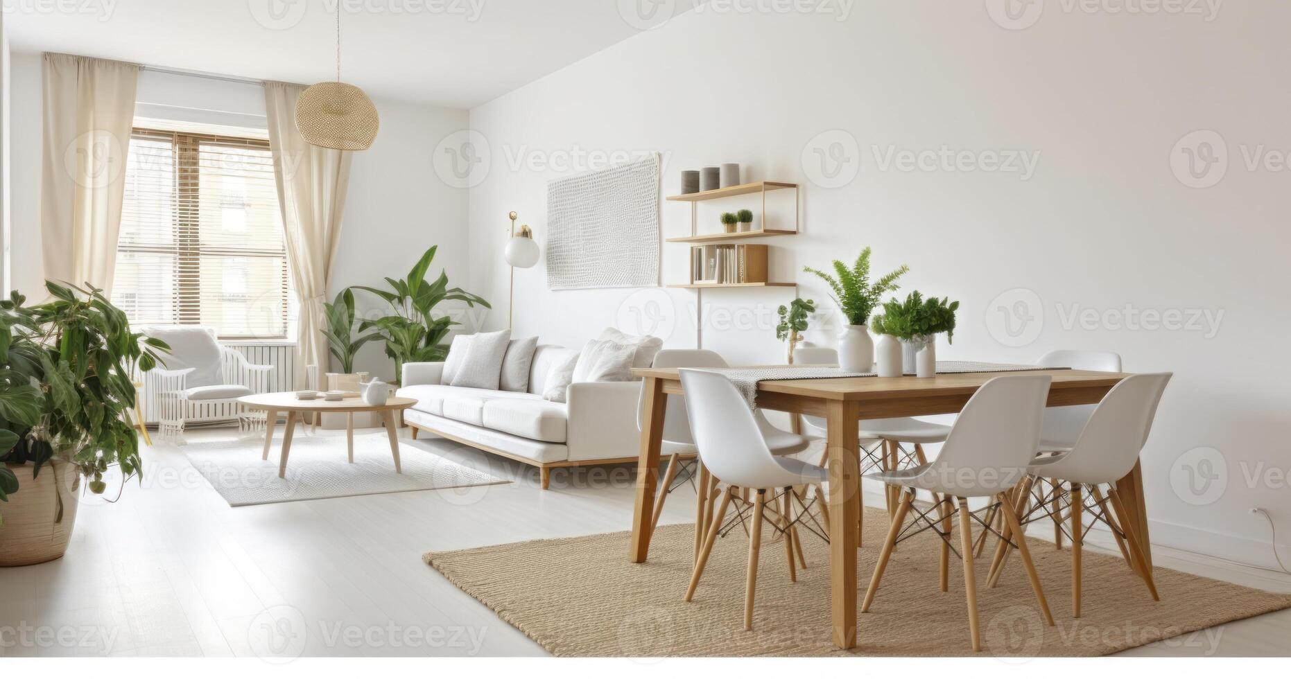 ai generiert ein stilvoll Weiß Studio Wohnung einwandfrei integrieren Essen und Leben Räume foto