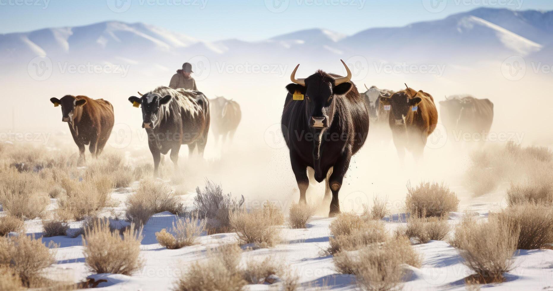 ai generiert Kühe und Cowboys tapfer kühl Winde und Schnee Aufregung auf ihr Weg zu Winter Futtergebiete foto