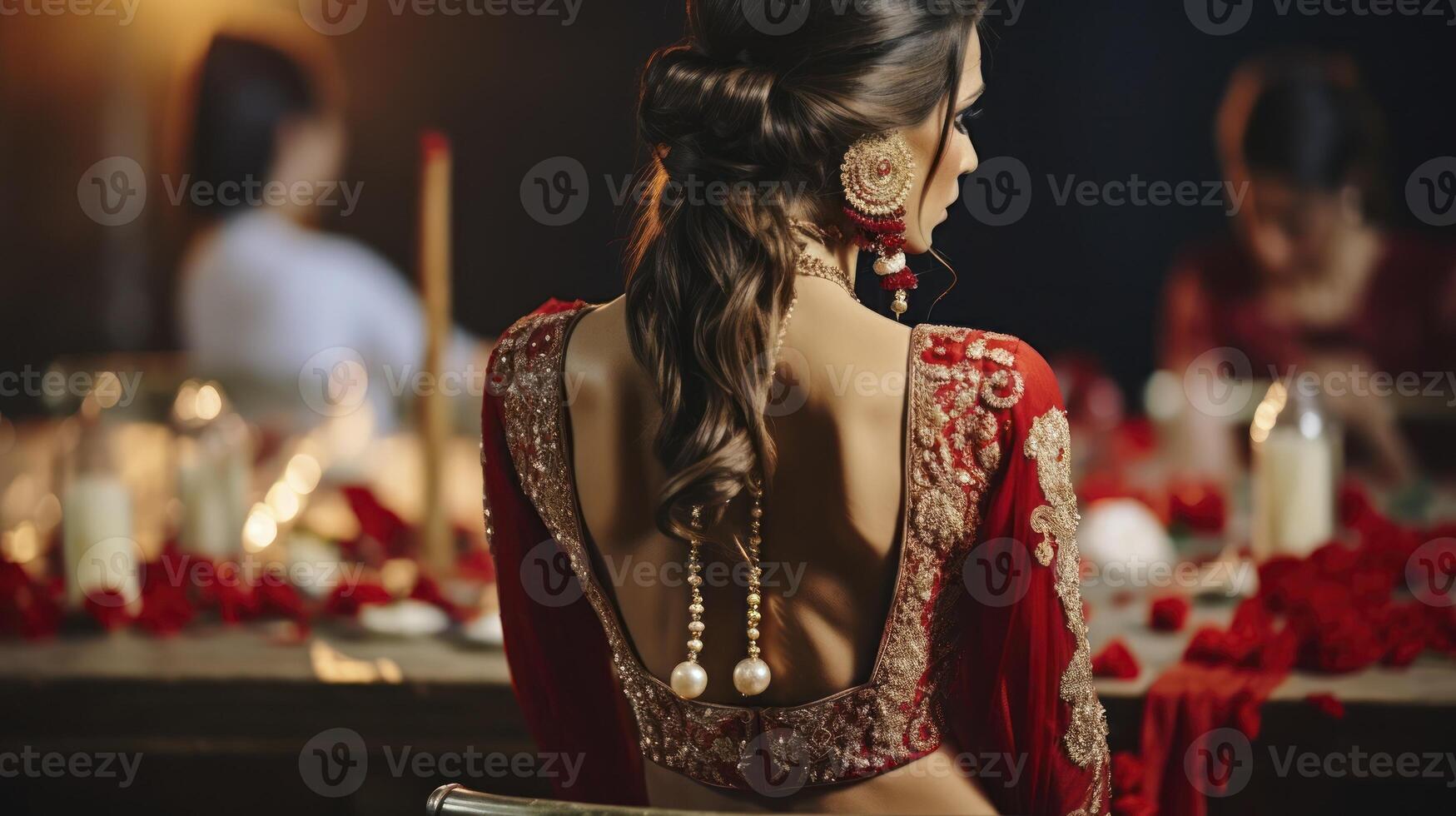 ai generiert das Morgen Vorbereitungen von ein bezaubernd Hindu Braut im ihr traditionell rot Lehenga foto