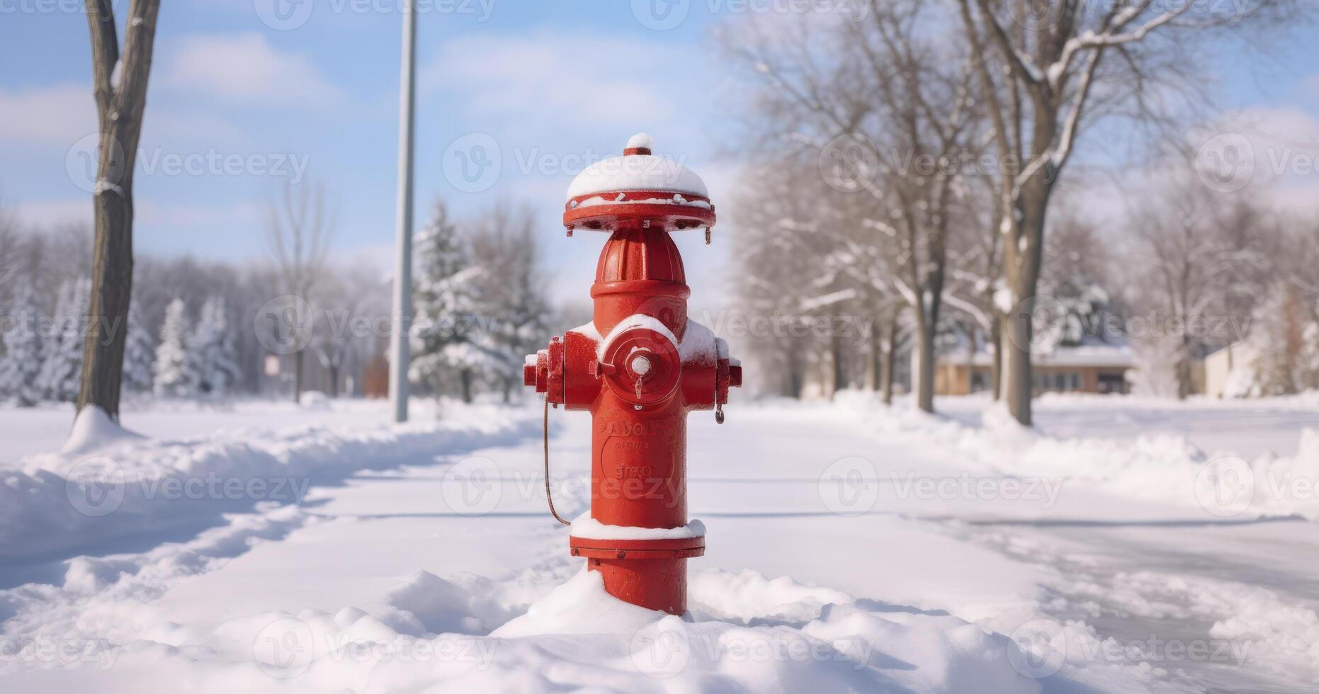 ai generiert ein strahlend rot Feuer Hydrant und Pole inmitten des Winters Weiss, gerahmt durch Bäume und Gebäude auf ein sonnig Tag foto