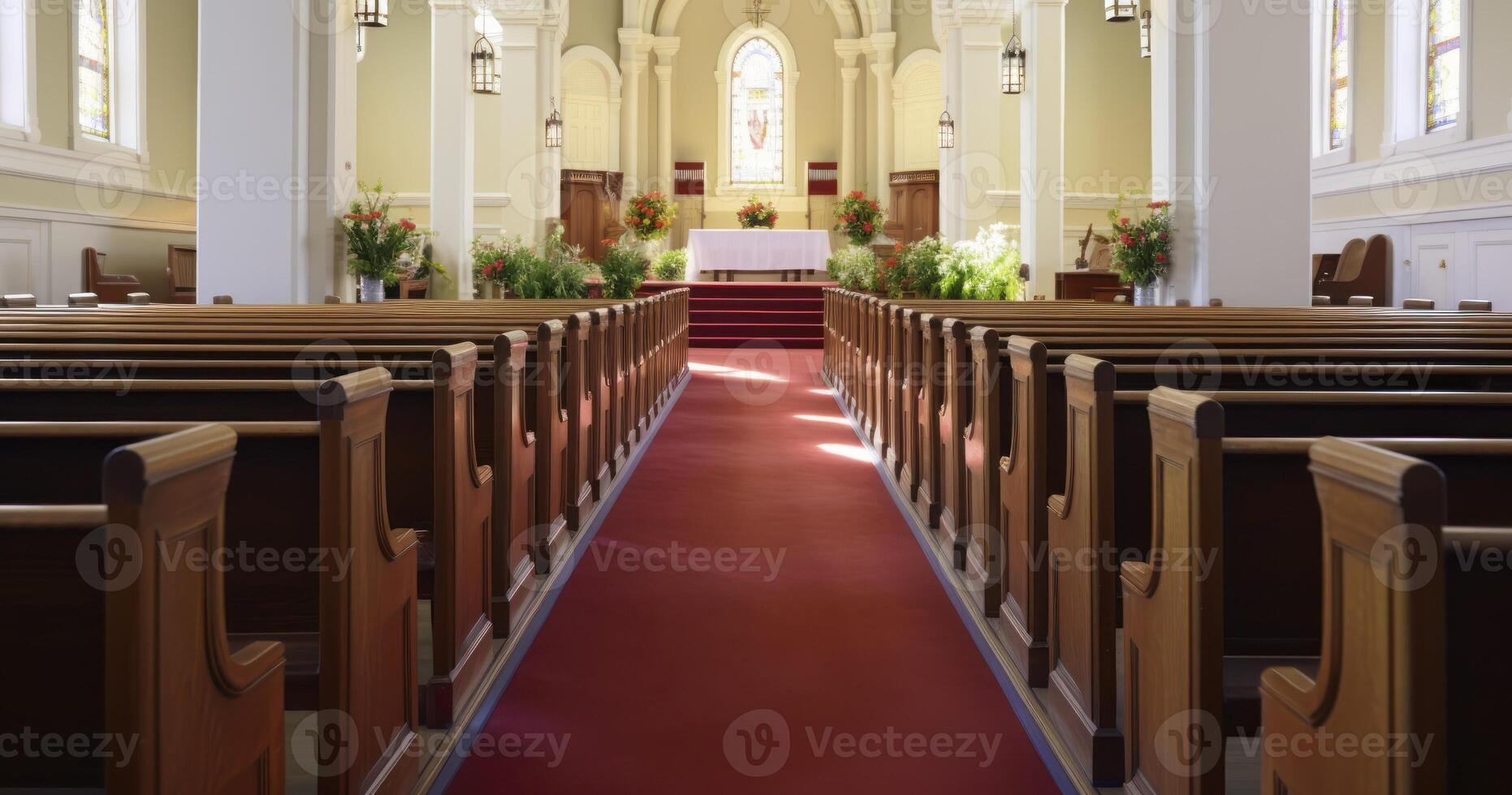 ai generiert das ruhig Innere von ein Beerdigung Zuhause oder Kapelle, vereinbart worden zum ein Denkmal Bedienung foto