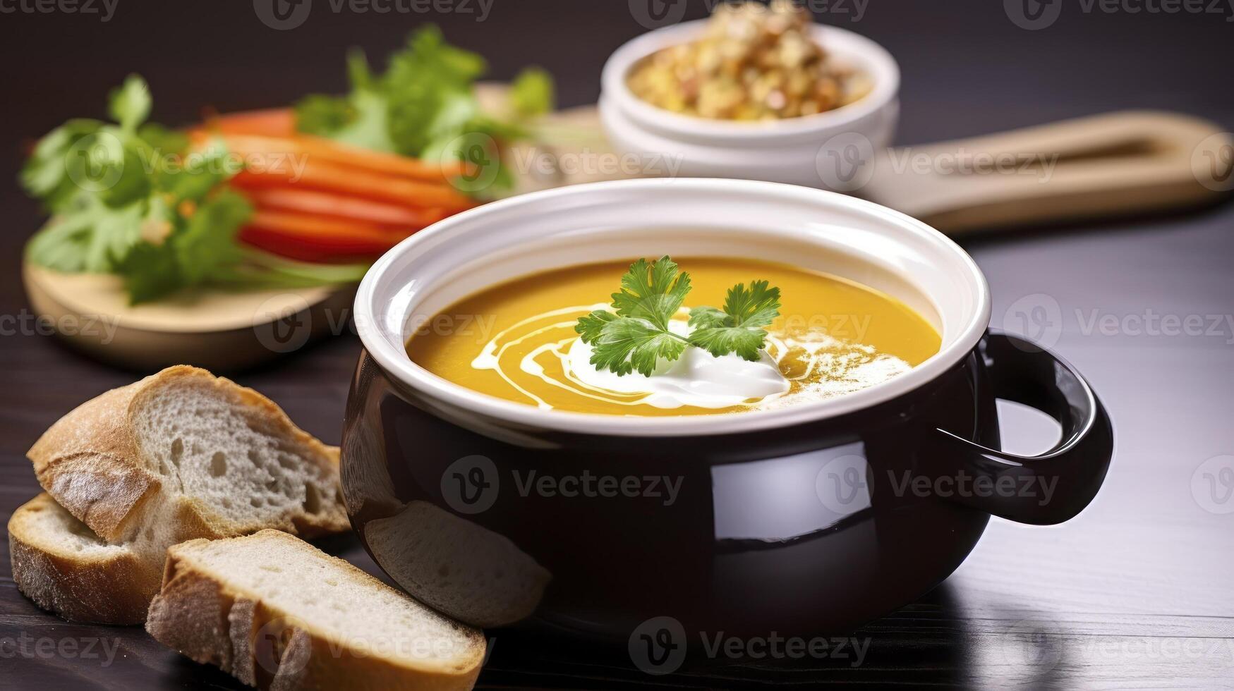 ai generiert Bohnenkraut Kürbis Suppe mit ein Strudel von Creme, vorgestellt im ein Keramik Schiff foto