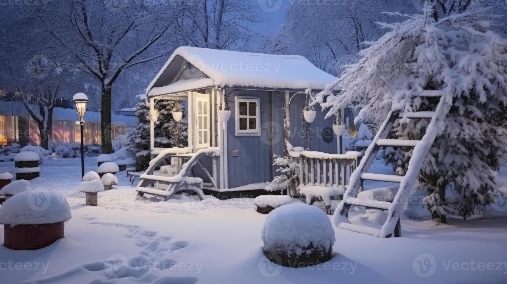 ai generiert ein Winter Gardens still Überleitung in ein schneebedeckt abspielen Bereich beim Nacht foto