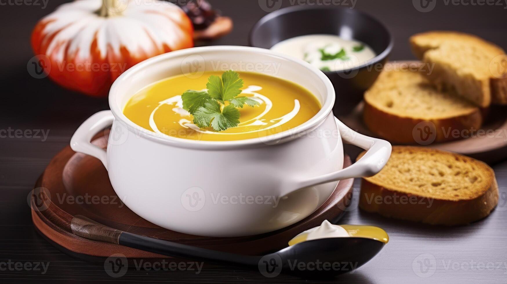 ai generiert Herbst Freude - - Kürbis Suppe mit Sahne im Keramik Topf foto