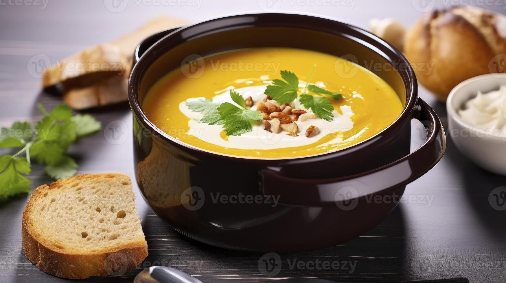 ai generiert ein warm Portion von Kürbis Suppe mit Sahne im ein charmant Keramik Topf foto
