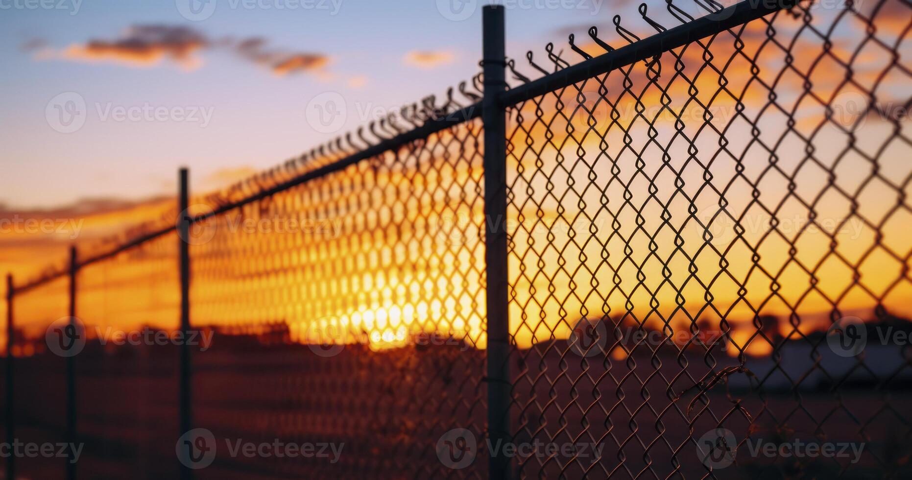 ai generiert Gittergewebe Draht Zaun und mit Widerhaken Draht beim Sonnenuntergang. draußen Aussicht von ein Bereich beigefügt im ein Zaun und Tor von Gittergewebe Draht mit mit Widerhaken Drähte foto