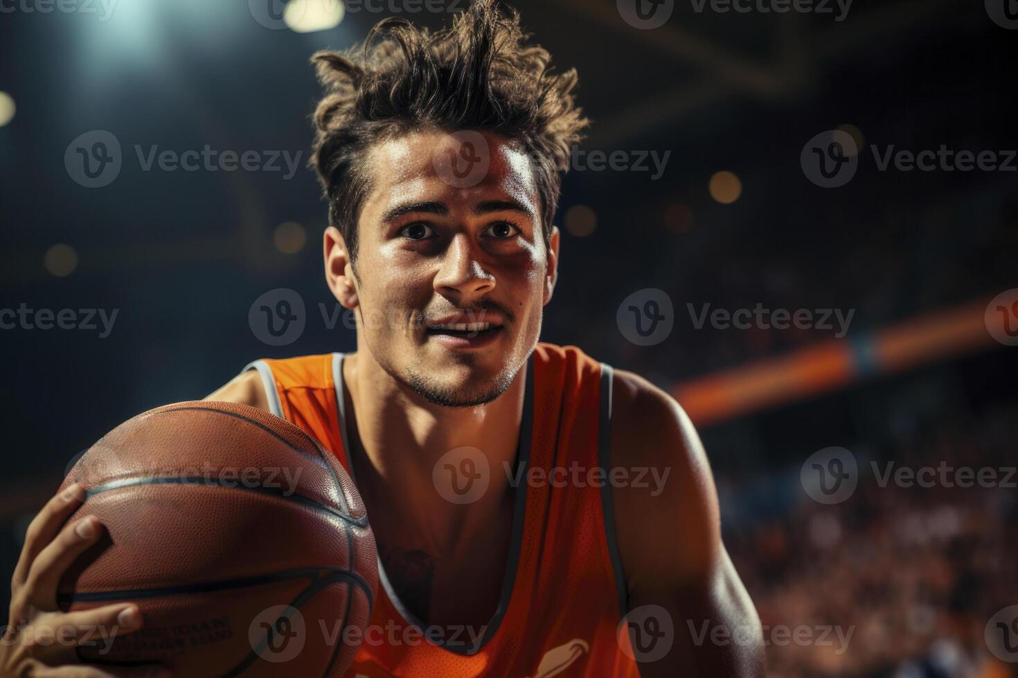 ai generiert ein Mann im ein Orange Jersey halten ein Basketball foto