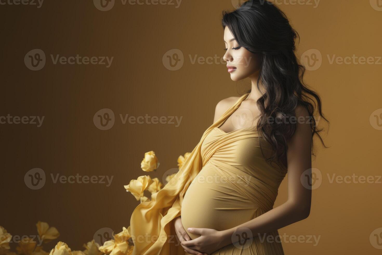 ai generiert schwanger Frau im Gelb Kleid mit Blumen foto