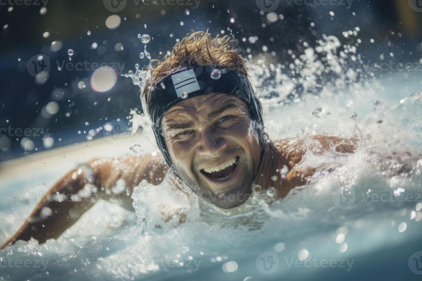 ai generiert ein Mann im ein Schwimmen Schwimmbad mit seine Kopf oben foto