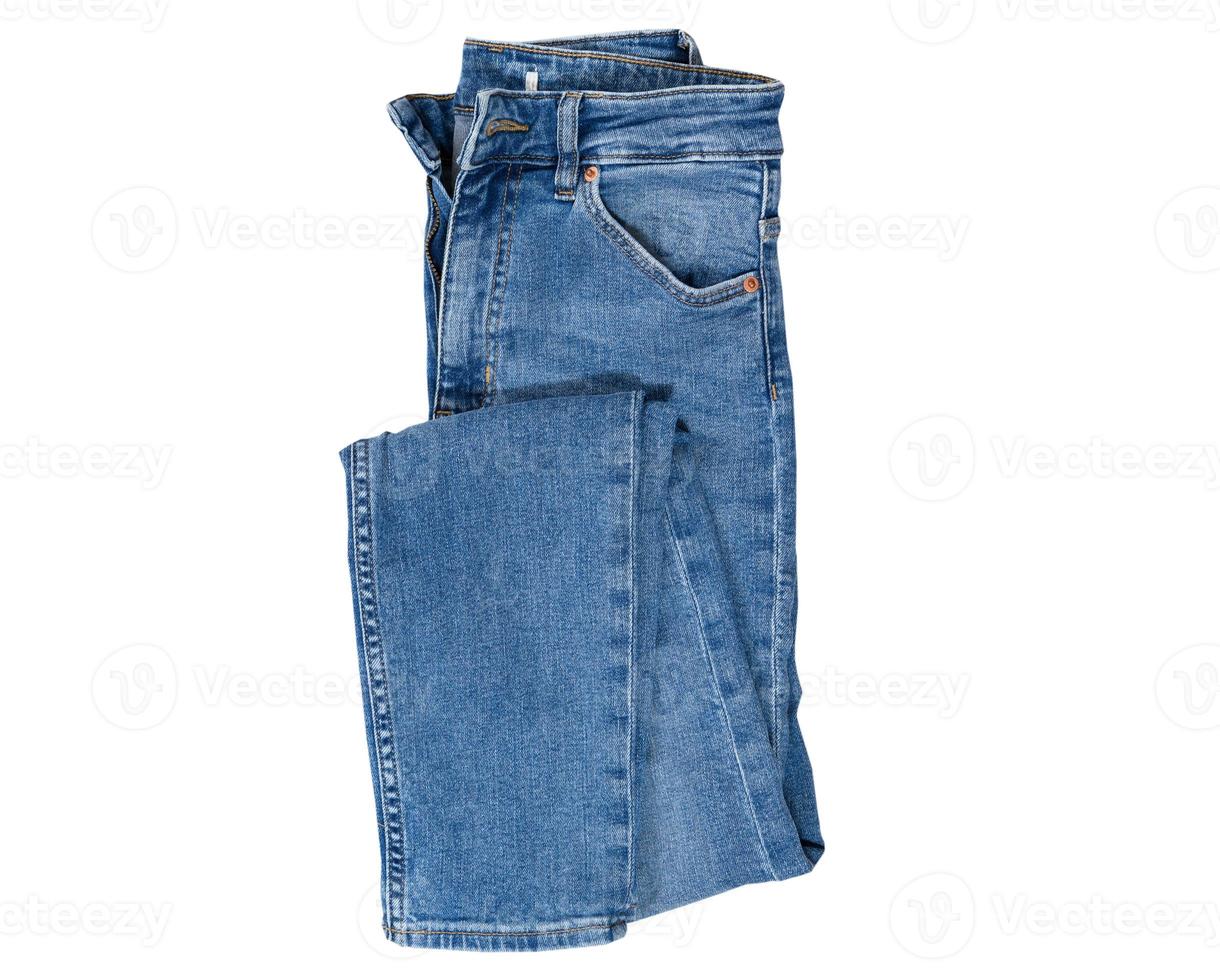 Jeans isoliert auf weiß, Jeanshosen isoliert, gefaltete Blue Jeans isoliert auf weiß, Sommerkleidung, Stoffelement Mock-up foto