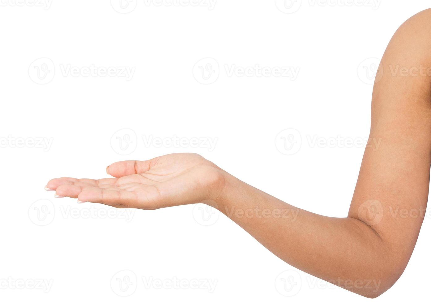 Öffnen Sie die Hand der afroamerikanischen Frau, Handfläche nach oben isoliert auf weißem Hintergrund foto