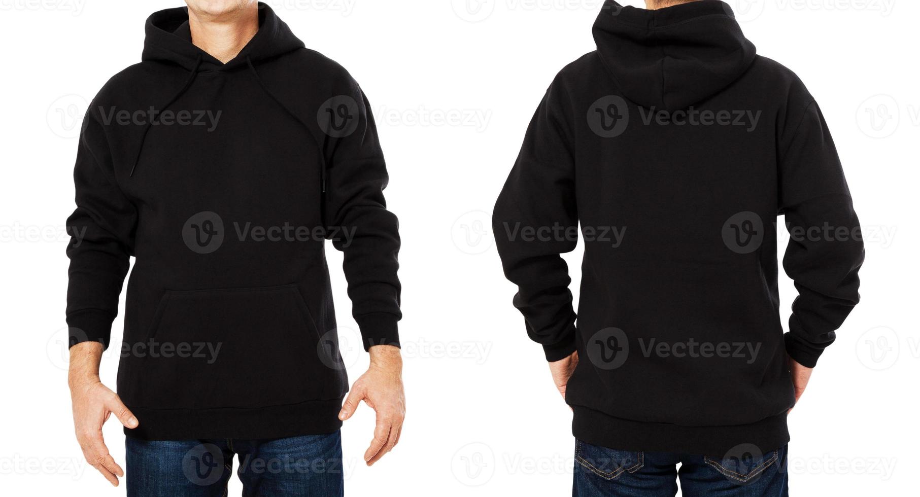 Mann Kapuzen-Set, schwarze Kapuzen-Vorder- und Rückansicht, Kapuzenmodell. leerer männlicher Hoody-Kopienraum. vorderer und hinterer Hintergrund foto