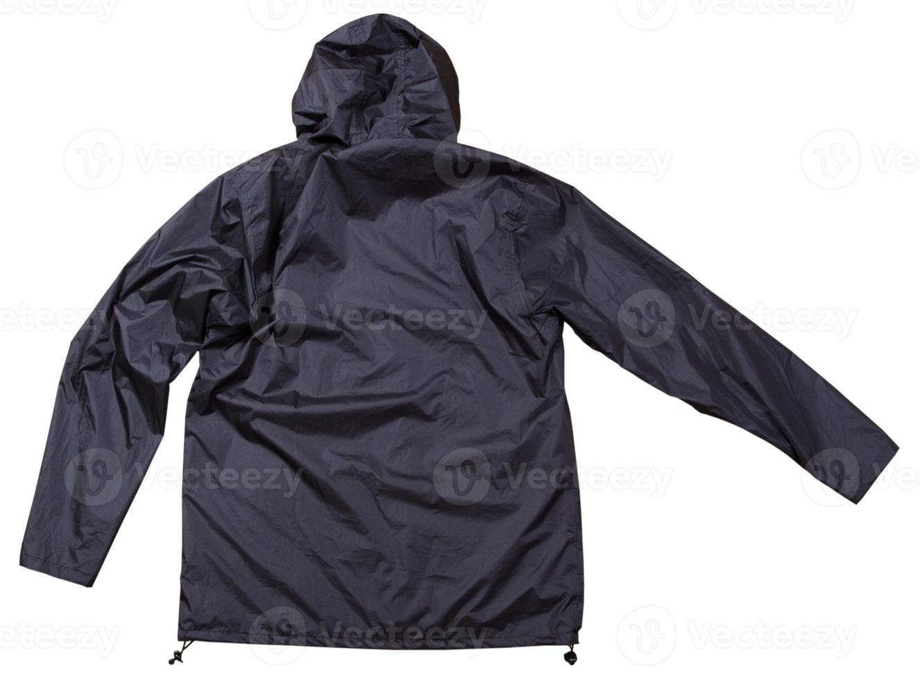 Rückansicht der schwarzen Regenjacke isolierte Draufsicht, Baumwollkleidung auf weißem Hintergrund, blaue Herrenjacke foto
