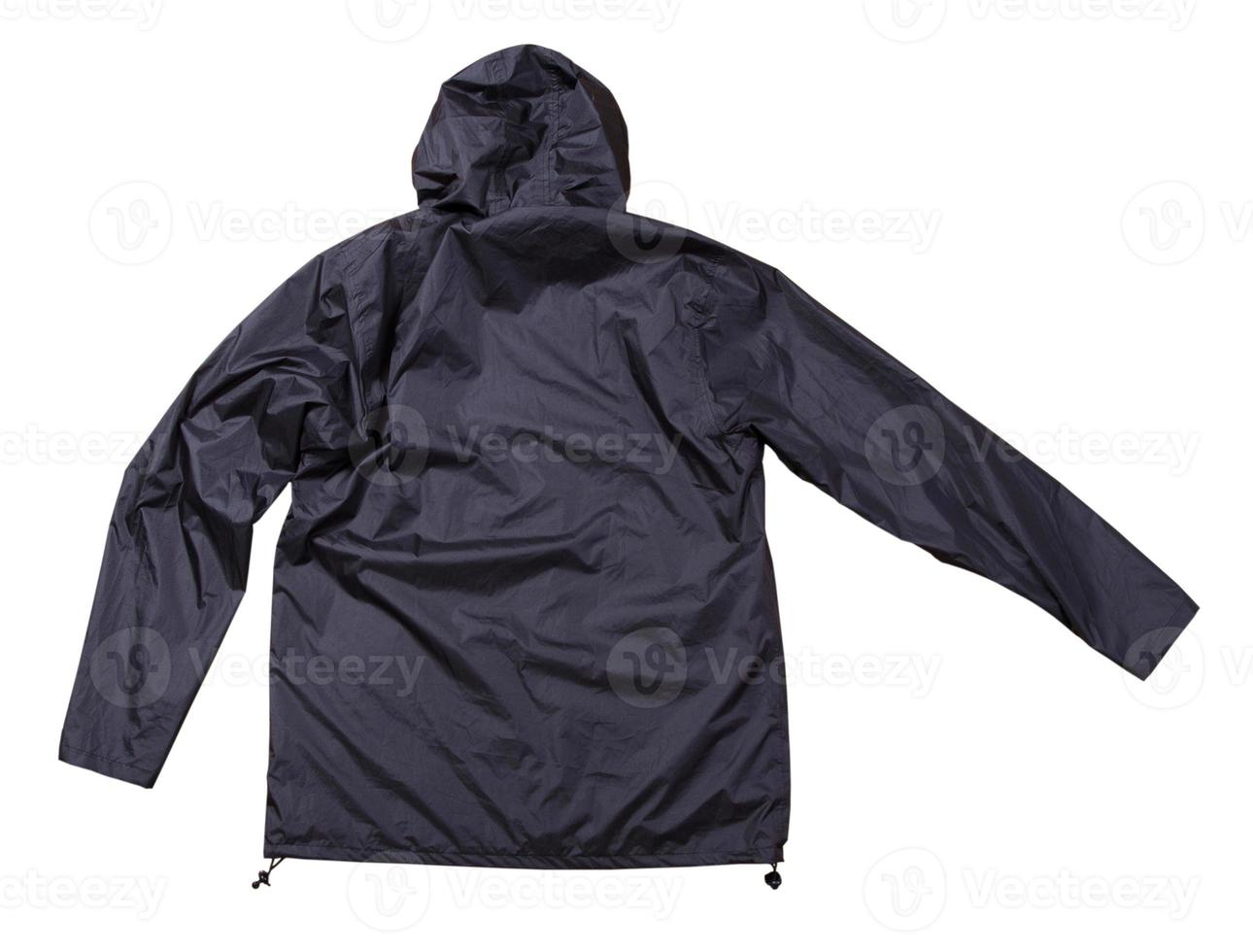 Rückansicht der schwarzen Regenjacke isolierte Draufsicht, Baumwollkleidung auf weißem Hintergrund, blaue Herrenjacke foto