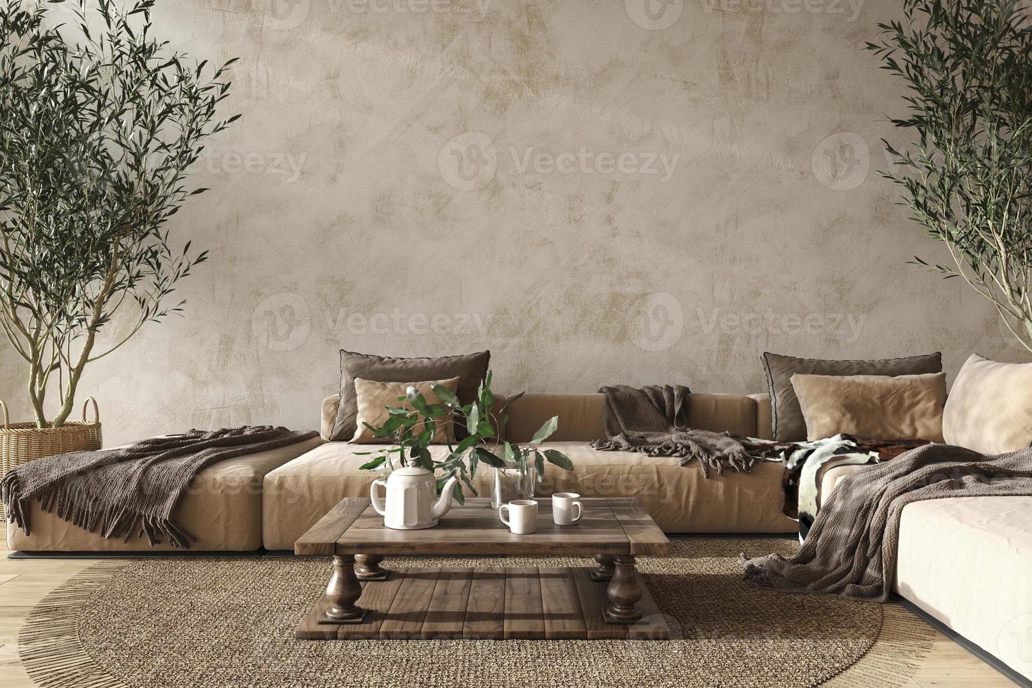 Beige Wohnzimmer im skandinavischen Landhausstil mit Naturholzmöbeln. Mock-up-Gips-Wand-Hintergrund. 3D-Darstellung. foto