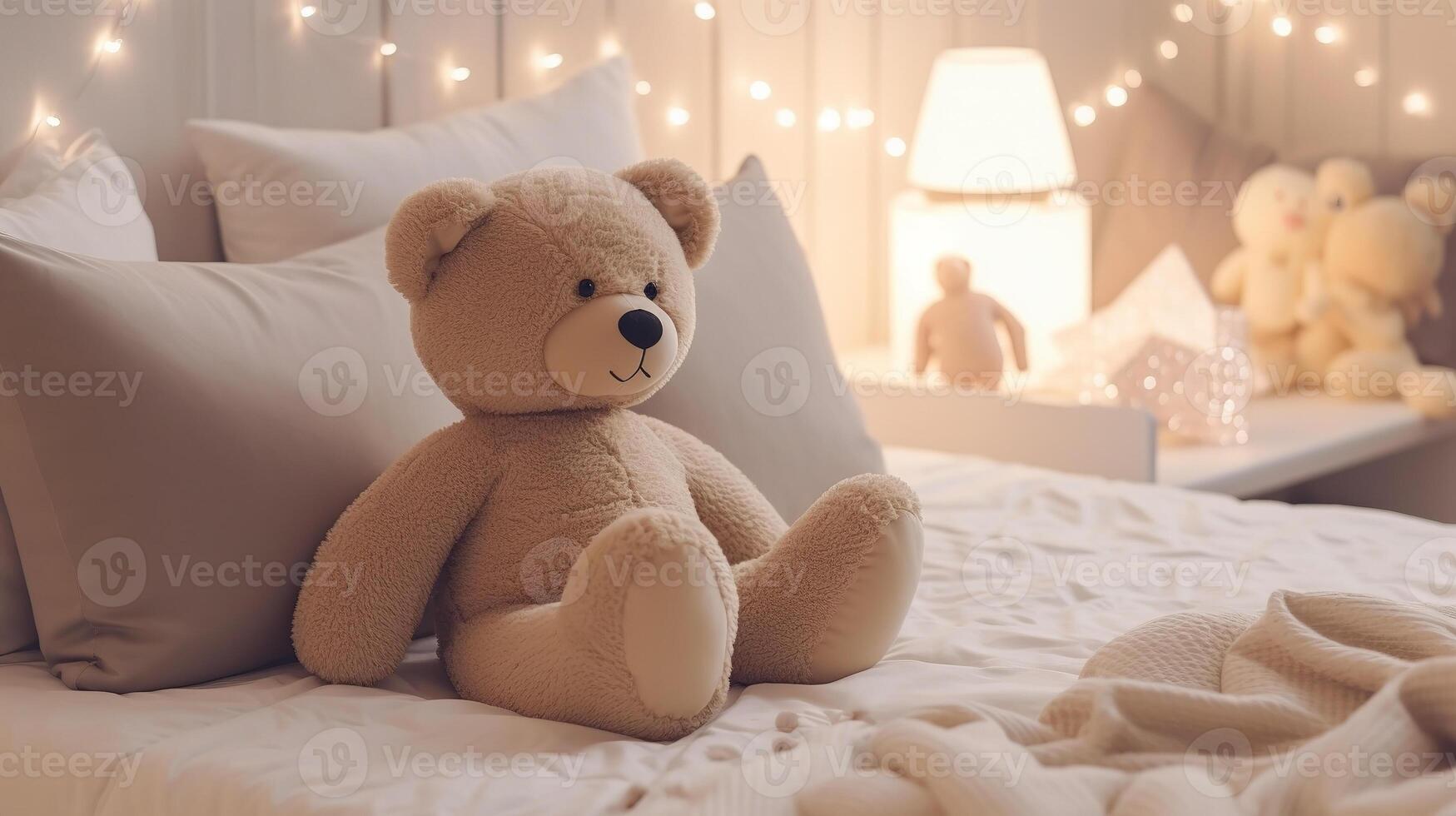 ai generiert Weihnachten Dekor, Teddy Bär Nahansicht auf das Hintergrund von ein gemütlich Innere foto