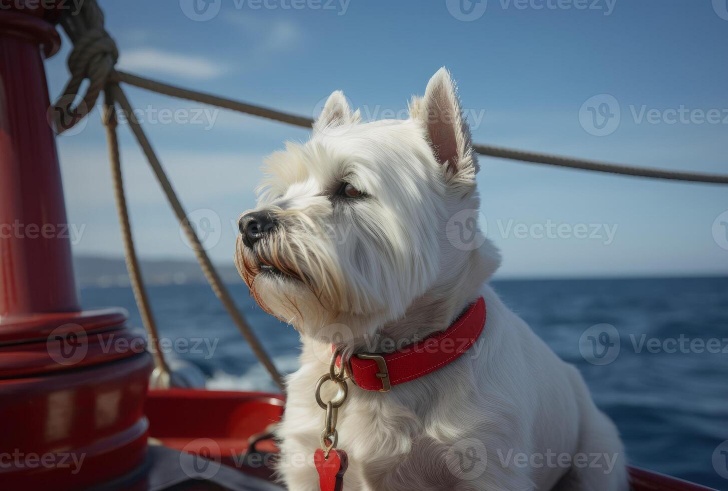 ai generiert Hund beim Stern von Schiff traurig sieht aus aus Meer. generieren ai foto