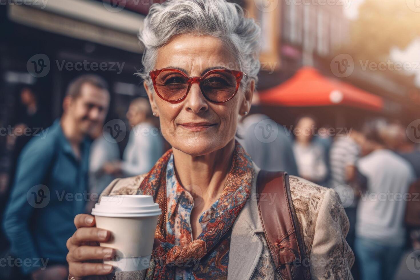 ai generiert reifen Frau mit wegbringen Kaffee auf Straße. generieren ai foto