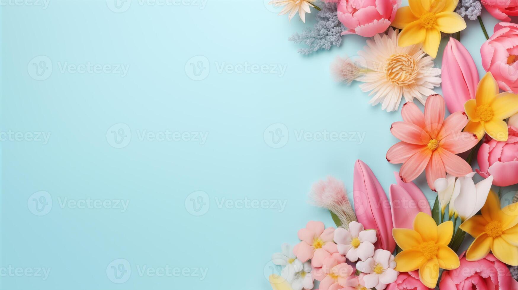 ai generiert horizontal Banner Design mit bunt Blumen mit Kopieren Raum. hell Farben Frühling Urlaub Hintergrund foto