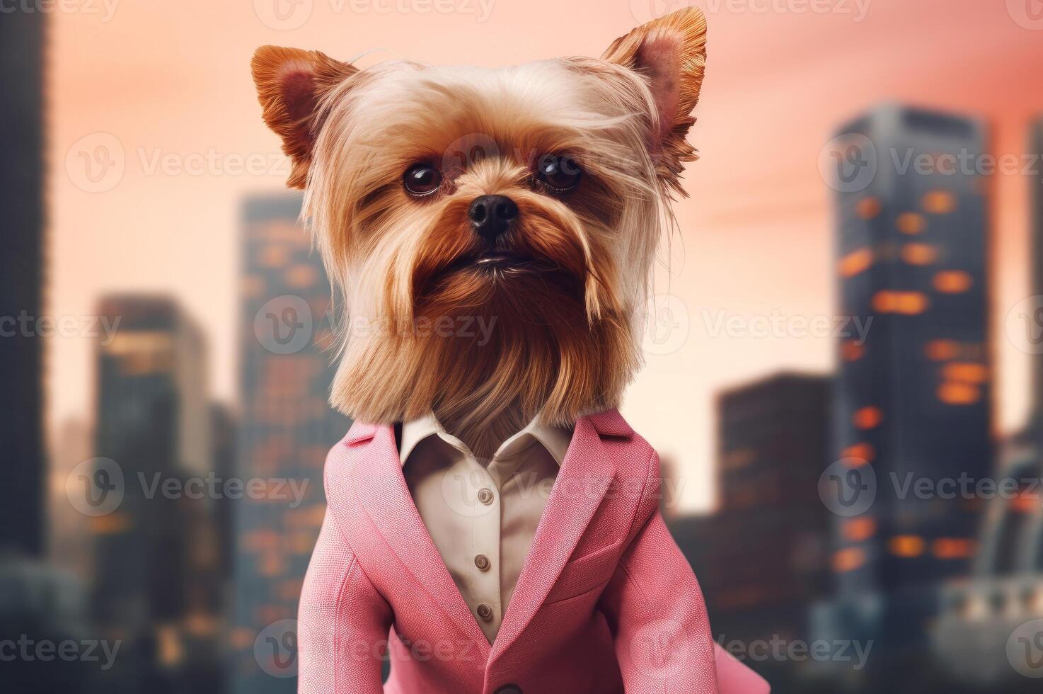 ai generiert charmant Yorkie Haustier im Rosa elegant Anzug. generieren ai foto