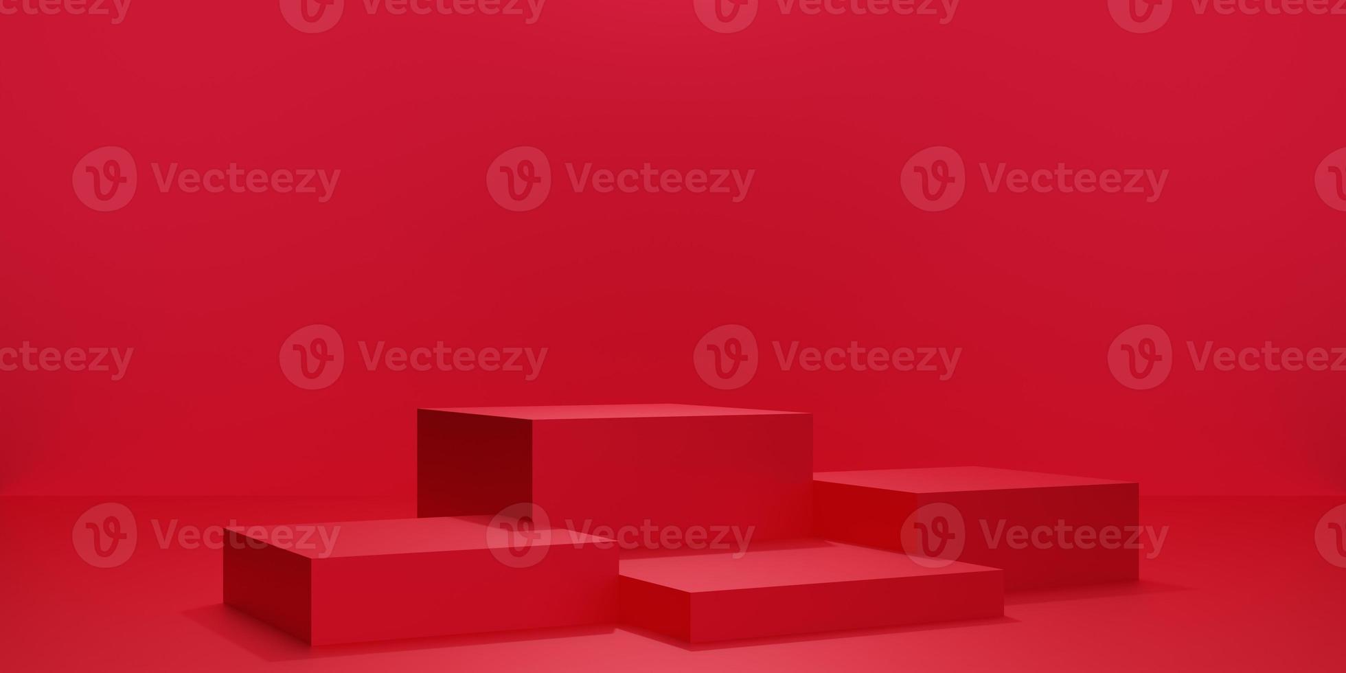3D Red Cube Podium oder Podest mit leerem Studioraum, Produkthintergrund, Vorlagenmodell für die Valentinstagsanzeige foto