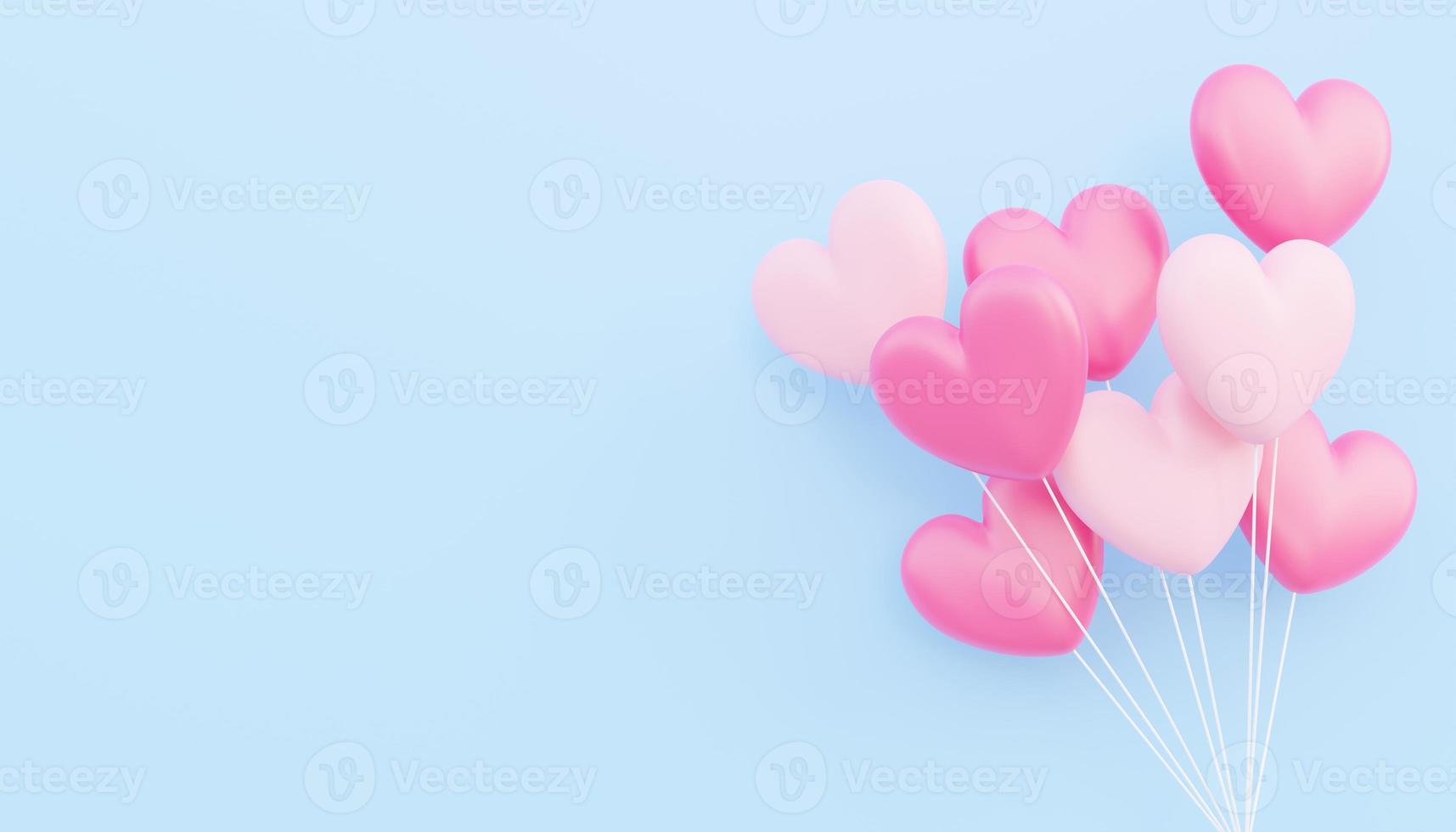 Valentinstag, Liebeskonzept, rosa und weißer 3d herzförmiger Ballonblumenstrauß, der auf blauem Hintergrund schwimmt foto