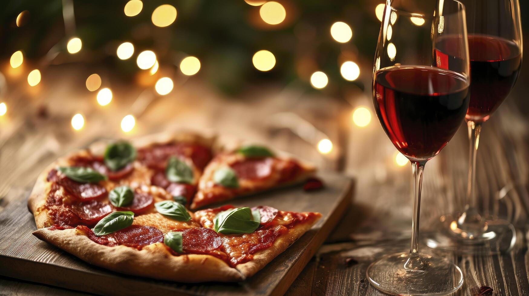 ai generiert Pizza und Wein auf Bokeh Hintergrund. Zuhause gekocht Valentinsgrüße Tag Abendessen. foto