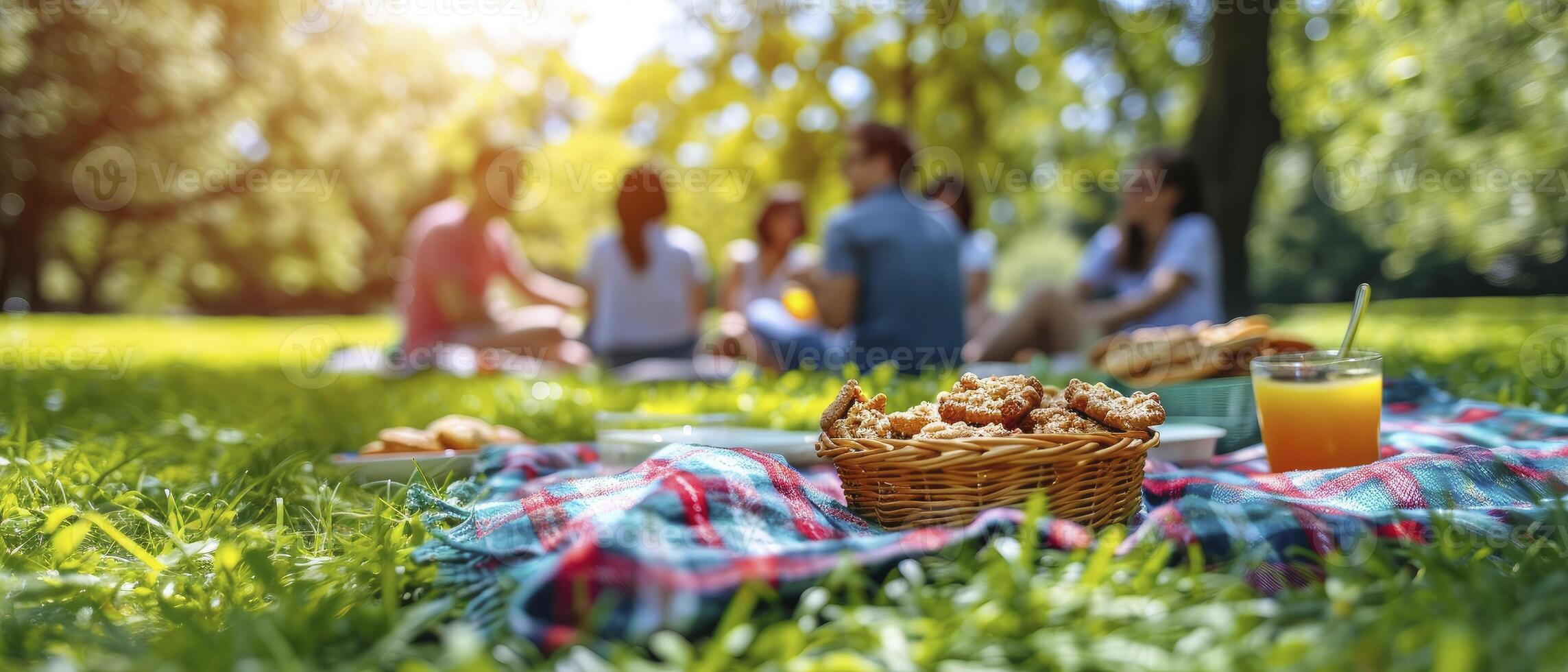 ai generiert freunde Teilen Lachen und Kekse auf ein sonnendurchflutet Decke im das Park. ein beschwingt Szene von Freude, aufgehellt durch sonnig Beleuchtung, Erfassen das beiläufig Spaß von draussen Vergnügen. foto