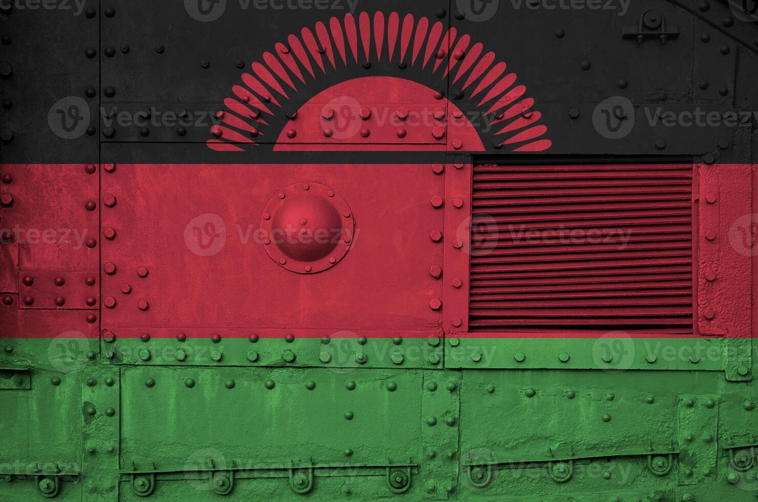 Malawi Flagge abgebildet auf Seite Teil von Militär- gepanzert Panzer Nahaufnahme. Heer Kräfte konzeptionelle Hintergrund foto