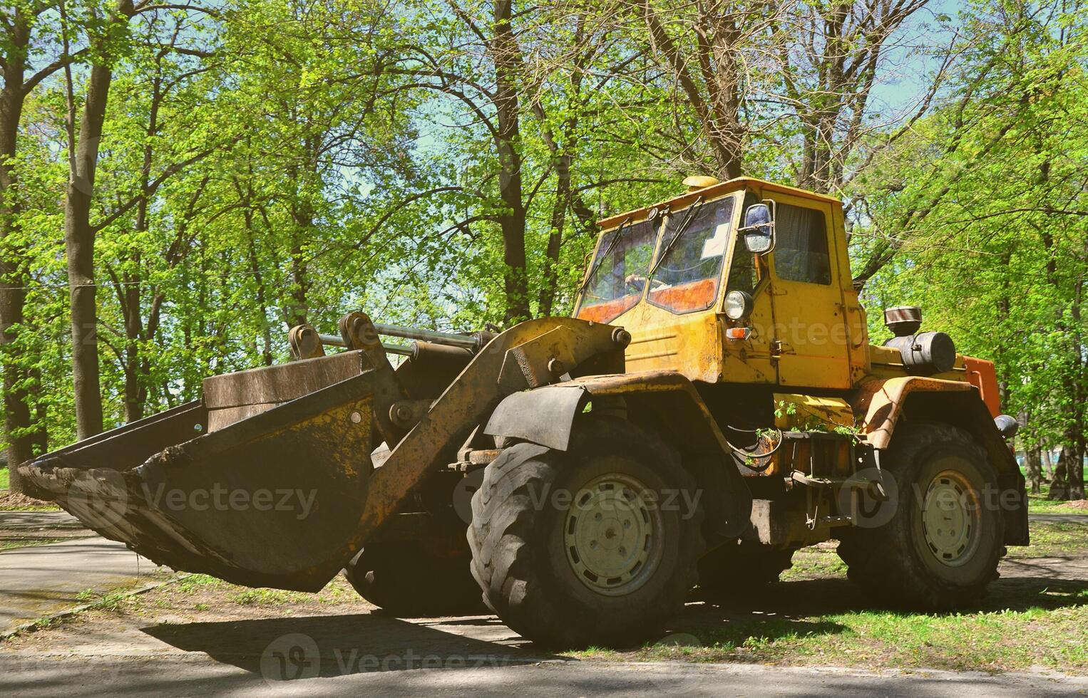 das stadtverbesserungsteam entfernt mit einem bagger und einem lkw das laub im park. regelmäßige saisonale Arbeiten zur Verbesserung der öffentlichen Erholungsorte foto