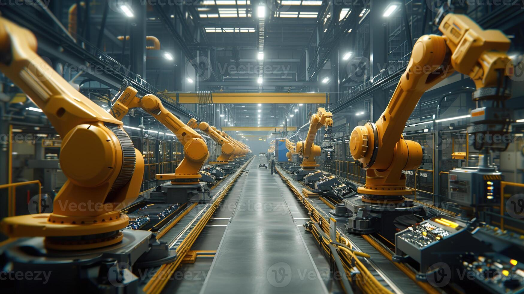 ai generiert erkunden Roboter Prozess Automatisierung im großräumig Fabriken, revolutionieren Effizienz mit fortgeschritten Robotik und Nachmittag Licht Erleuchtung zum optimal Betrieb foto