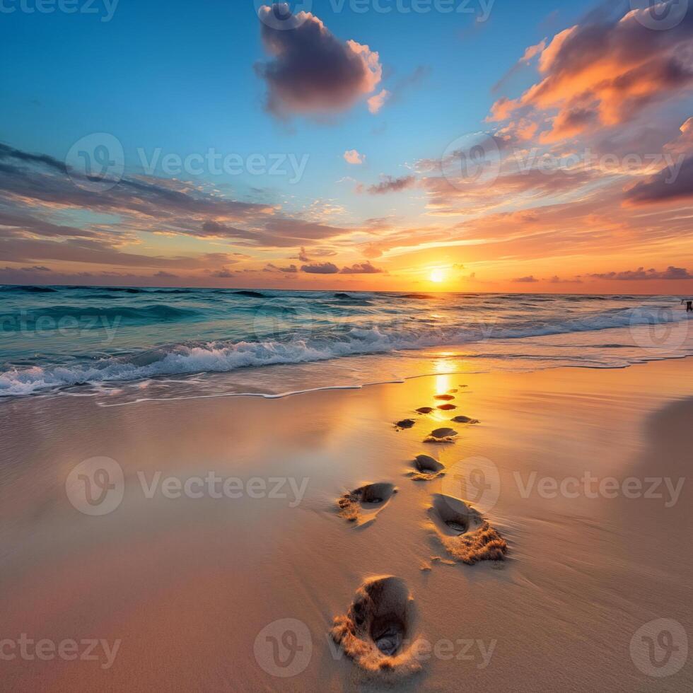 ai generiert Fußabdrücke auf Weiß Sand Strand foto