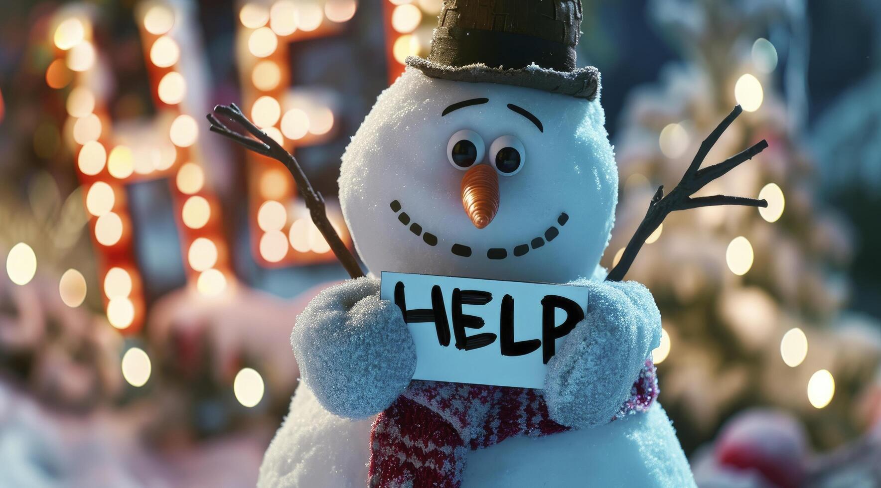 ai generiert ein Schneemann halten ein Zeichen Das sagt Hilfe foto