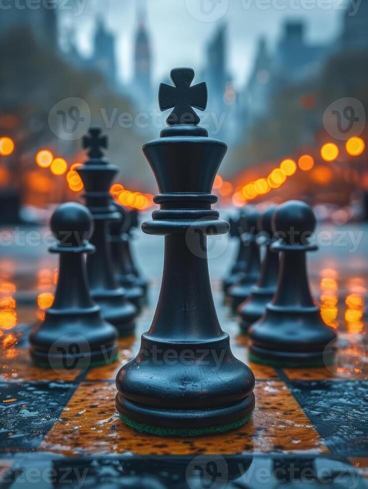 ai generiert schwarz Schach einstellen auf Stadt Straße, Strategie und Wettbewerb im städtisch Umfeld foto