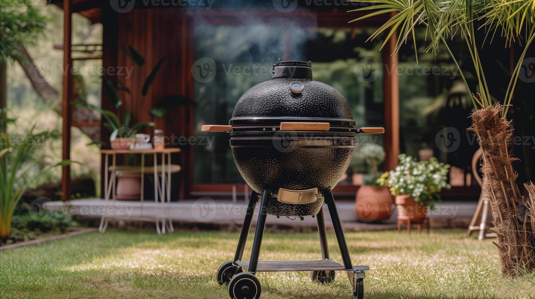 ai generiert groß schwarz Grill Grill im das Hof foto