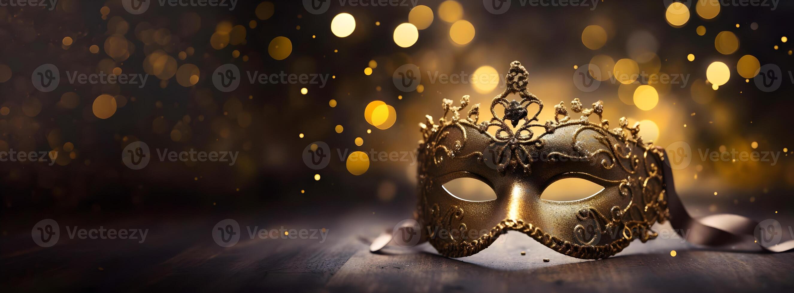 ai generiert Gold Maske mit Krone auf Bokeh Hintergrund. foto