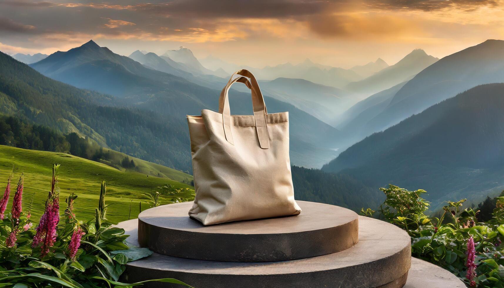 ai generiert generiert Bild von einfach Tasche Tasche auf das Podium mit ein frisch natürlich Sicht. geeignet zum Tasche Modelle foto