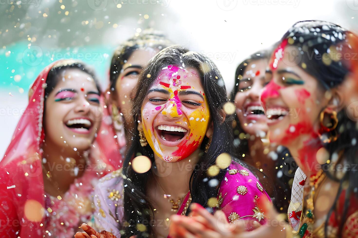 ai generiert überschwänglich holi Feier. Lachen und Farben foto