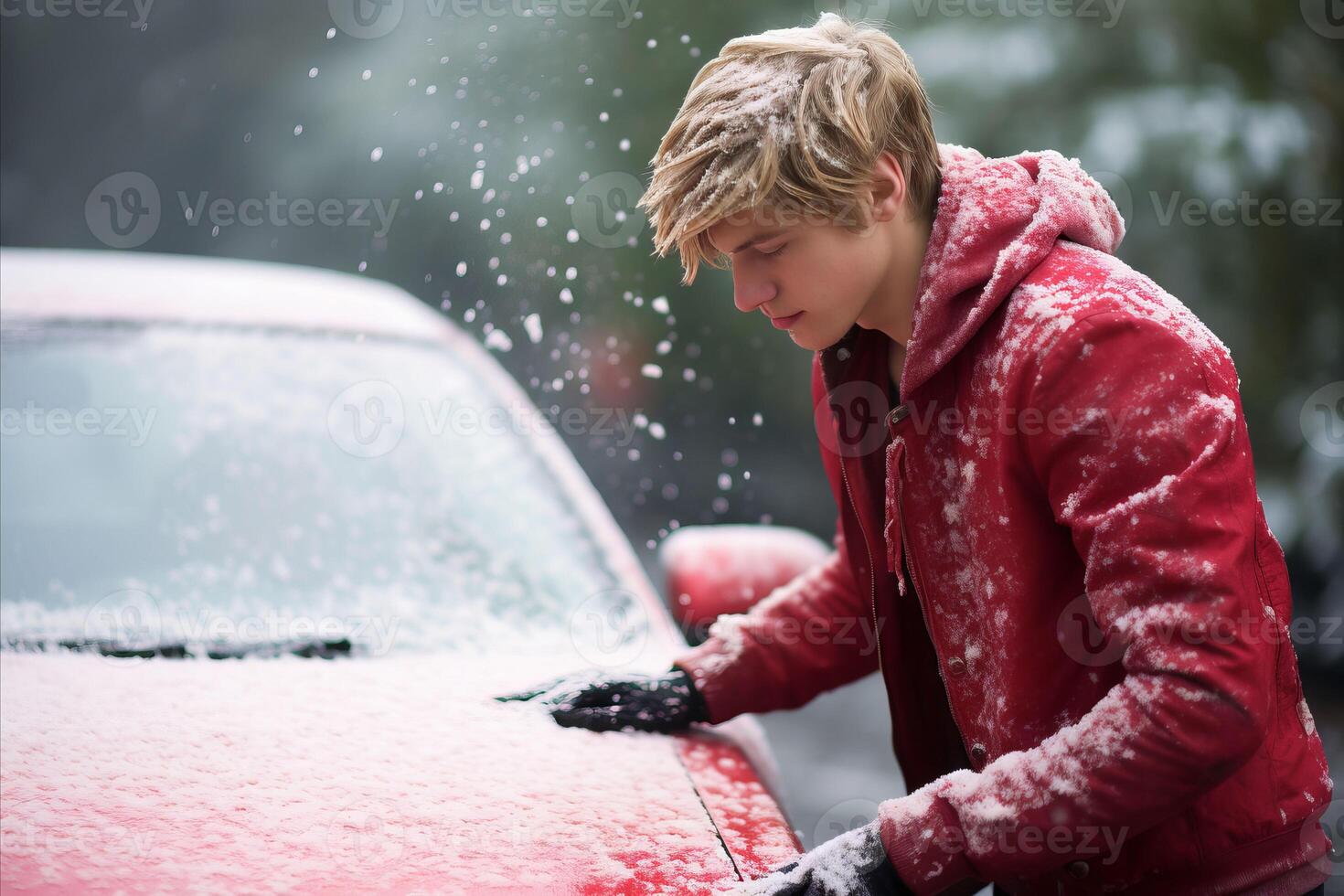 ai generiert jung Mann vorsichtig löscht pudrig Schnee von seine unbefleckt, glänzend Automobil während Winter foto